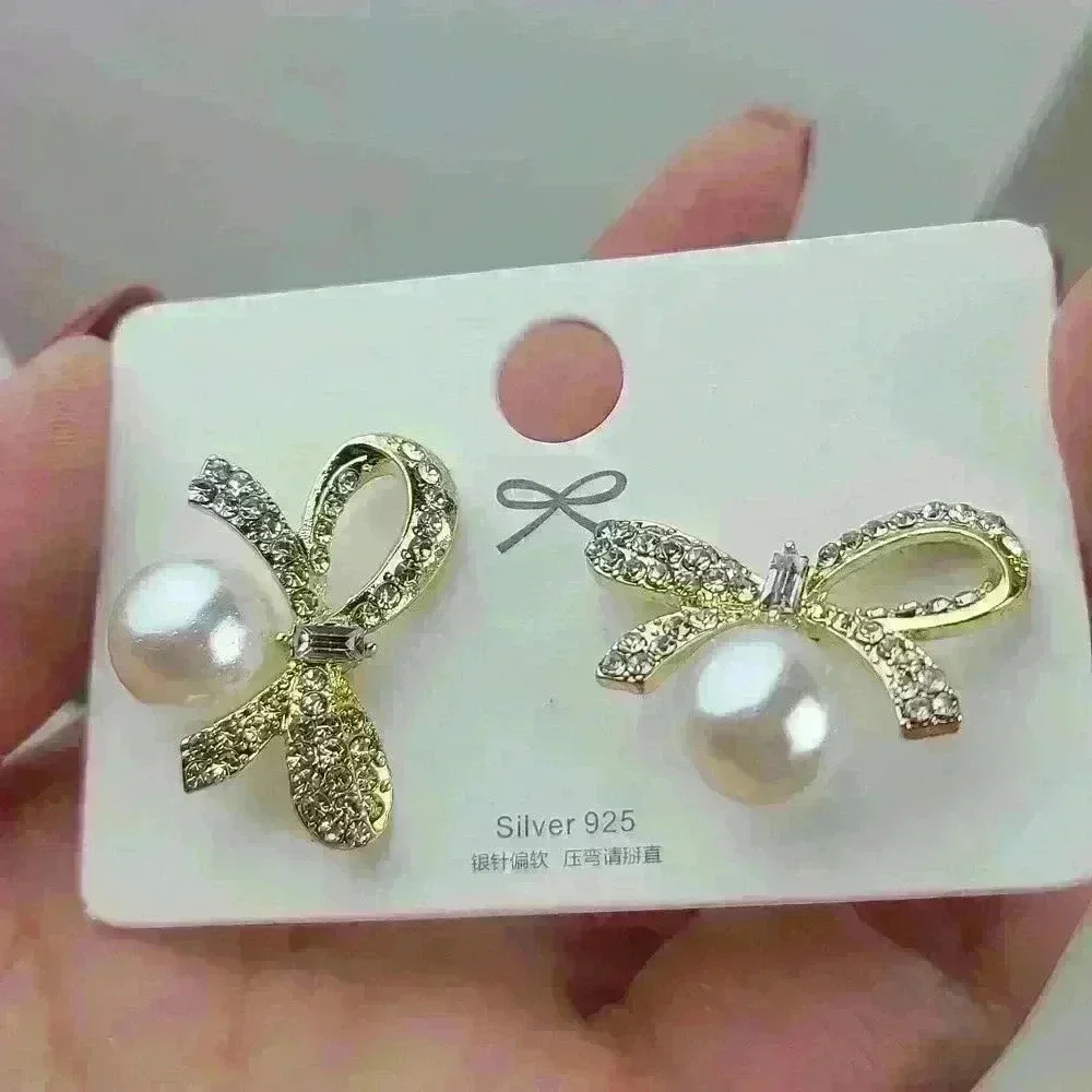 925 Sterling Silver pearl rhinestones earrings Gold-toned faux pearl - Picture 6 of 10